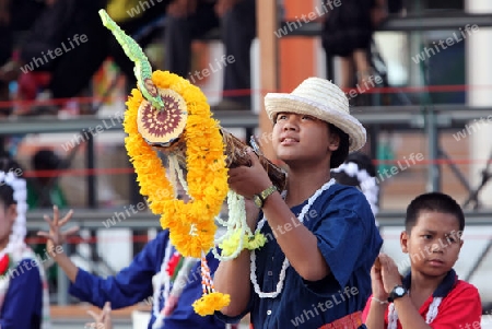 Ein Raketentraeger an der Festparade beim Bun Bang Fai oder Rocket Festival in Yasothon im Isan im Nordosten von Thailand. 