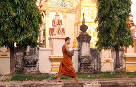 Moenche auf ihrem Rundgang am fruehem Morgen vor dem Tempel Wat Sainyaphum in der Stadt Savannahet in zentral Laos an der Grenze zu Thailand in Suedostasien.