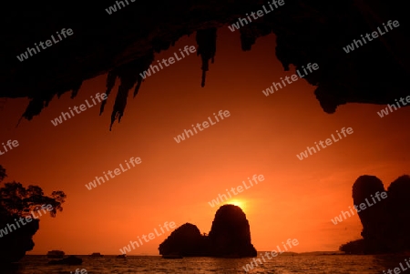 The Hat Phra Nang Beach at Railay near Ao Nang outside of the City of Krabi on the Andaman Sea in the south of Thailand. 