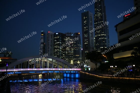 Asien, Suedost, Singapur, Insel, Staat, Stadt, City, Skyline, Zentrum, Boat Quay, Bankenviertel, Nacht, Singapore River, Bruecke, 