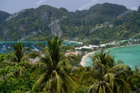 The view from the Viewpoint on the Town of Ko PhiPhi on Ko Phi Phi Island outside of the City of Krabi on the Andaman Sea in the south of Thailand. 