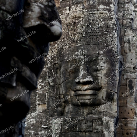 Stone Faces the Tempel Ruin of Angkor Thom in the Temple City of Angkor near the City of Siem Riep in the west of Cambodia.