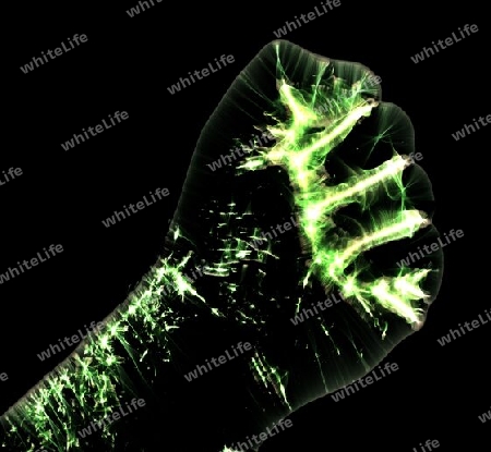 3D-Illustration of a glowing human male hand with a kirlian aura showing different symbols.