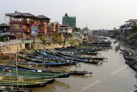 the Boat landing Pier at the Nan Chaung Main Canal in the city of Nyaungshwe at the Inle Lake in the Shan State in the east of Myanmar in Southeastasia.