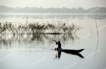 Ein Fischer auf dem See in Amnat Charoen im Isan im osten von Thailand,