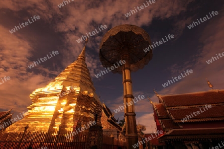 Der Chedi der Tempel Anlage des Wat Phra That Doi Suthep bei Chiang Mai in der Provinz Chiang Mai im Norden von Thailand in Suedostasien.