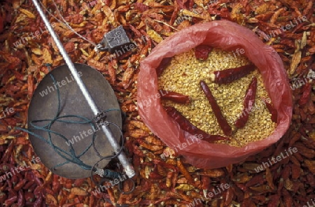 chili on the Market streets of Chongqing in the province of Sichuan in china in east asia. 