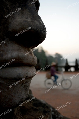 The Bridge at the Angkor Tom Gate in the Temple City of Angkor near the City of Siem Riep in the west of Cambodia.