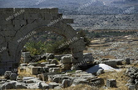 Eine Mauer bei der Basilika von Qalb Lhose bei Aleppo im Norden von Syrien im Mittleren Osten in Arabien.