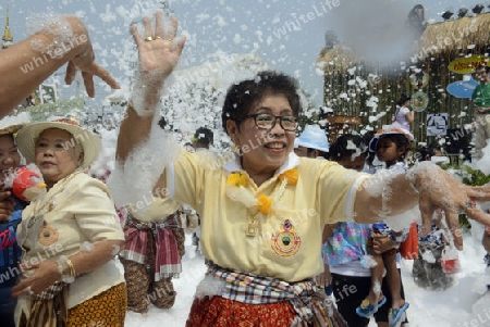 Das Songkran Fest oder Wasserfest zum Thailaendischen Neujahr ist im vollem Gange in Ayutthaya noerdlich von Bangkok in Thailand in Suedostasien.  