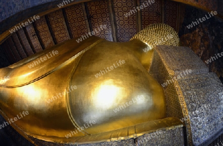 Der Grosse liegende Buddha im Wat Pho Tempel in der Stadt Bangkok in Thailand in Suedostasien.