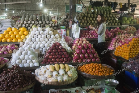 a fruit market in a Market near the City of Yangon in Myanmar in Southeastasia.