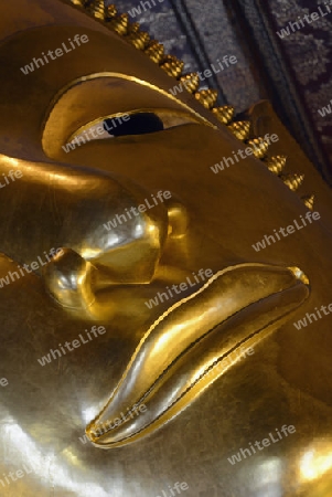 Der Grosse liegende Buddha im Wat Pho Tempel in der Stadt Bangkok in Thailand in Suedostasien.