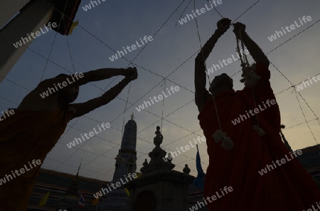 Moenche bei den Vorbereitungen auf die Neujahrsnacht Feier in der Tempelanlage des Wat Pho in der Hauptstadt Bangkok von Thailand in Suedostasien.