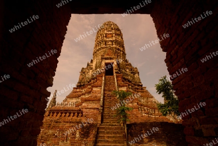 The Wat Chai Wattanaram Temple in City of Ayutthaya in the north of Bangkok in Thailand, Southeastasia.