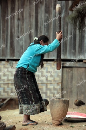 Eine Frau bei ihrer Hausarbeit in der Bergregion beim Dorf Muang Phou Khoun an der Nationalstrasse 13 zwischen Vang Vieng und Luang Prabang in Zentrallaos von Laos in Suedostasien. 