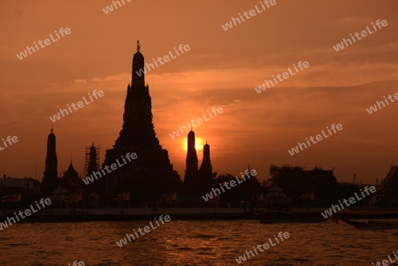 Die Tempelanlage des Wat Arun am Mae Nam Chao Phraya River in der Hauptstadt Bangkok von Thailand in Suedostasien.