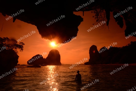 The Hat Phra Nang Beach at Railay near Ao Nang outside of the City of Krabi on the Andaman Sea in the south of Thailand. 