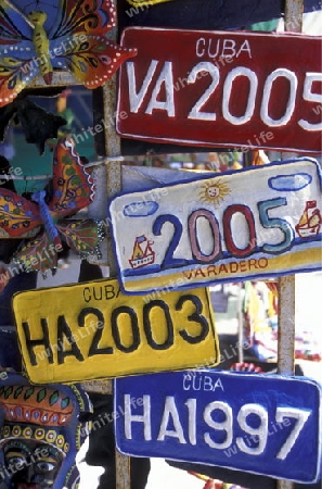 a souvenier shop the old town of the city Havana on Cuba in the caribbean sea.