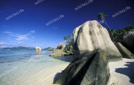 Ein Traumstrand auf der Insel La Digue der Inselgruppe Seychellen im Indischen Ozean in Afrika.