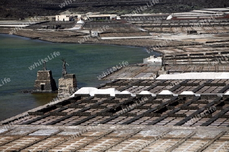 The Salinas in the Laguna of El Charco on the Island of Lanzarote on the Canary Islands of Spain in the Atlantic Ocean.