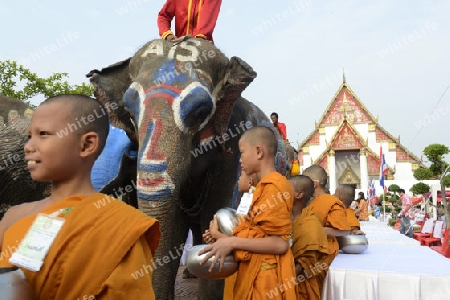 Das Songkran Fest oder Wasserfest zum Thailaendischen Neujahr ist im vollem Gange in Ayutthaya noerdlich von Bangkok in Thailand in Suedostasien.  