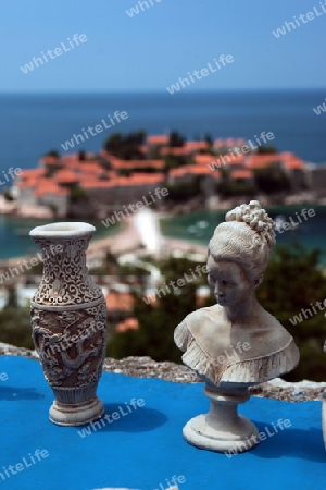 Die Altstadtinsel von Sveti Stefan in der Adria an der Kueste in Montenegro im Balkan am Mittelmeer in Europa.