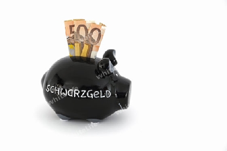 Sparschwein mit der Aufschrift " Schwarzgeld" und diversen 50 Euro Banknoten