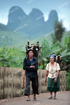 Menschen in der Landschaft in der Bergregion beim Dorf Kasi an der Nationalstrasse 13 zwischen Vang Vieng und Luang Prabang in Zentrallaos von Laos in Suedostasien.  