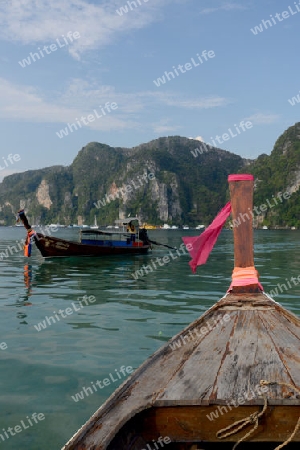 a Boat on the way to Maya Beach  near the Ko Phi Phi Island outside of the City of Krabi on the Andaman Sea in the south of Thailand. 