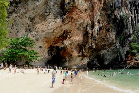 The Hat Phra Nang Beach at Railay near Ao Nang outside of the City of Krabi on the Andaman Sea in the south of Thailand. 