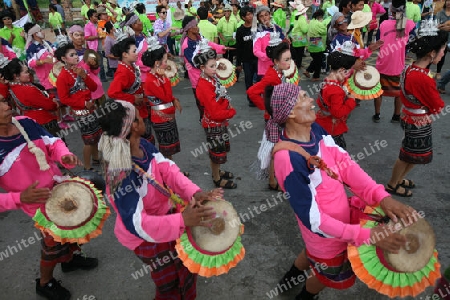 Ein Musiker einer  traditionellen Tanz Gruppe zeigt sich an der Festparade beim Bun Bang Fai oder Rocket Festival in Yasothon im Isan im Nordosten von Thailand. 