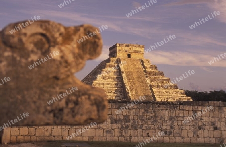 Die Pyramide der Maya Ruine von Chichen Itza im Staat Yucatan auf der Halbinsel Yuctan im sueden von Mexiko in Mittelamerika.   