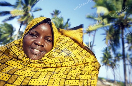 Eine Frau  im Dorf Bwejuu am Traumstrand  von Bwejuu an der Ost-Kueste auf der Insel Zanzibar welche zu Tansania gehoert.    