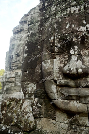 Stone Faces the Tempel Ruin of Angkor Thom in the Temple City of Angkor near the City of Siem Riep in the west of Cambodia.