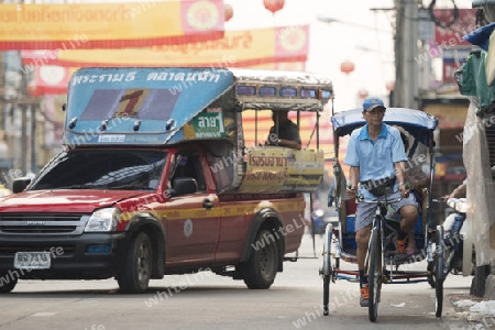 Bicycle Ricksha Taxis at the morning Market in Nothaburi in the north of city of Bangkok in Thailand in Southeastasia.