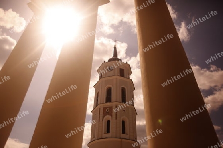 The old Town of the City Vilnius with the clocktower and the Johanneschurch  in the Baltic State of Lithuania,  