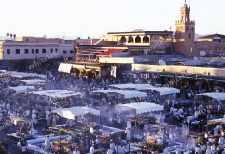 The Streetfood and Nightlife at the Djemma del Fna Square in the old town of Marrakesh in Morocco in North Africa.
