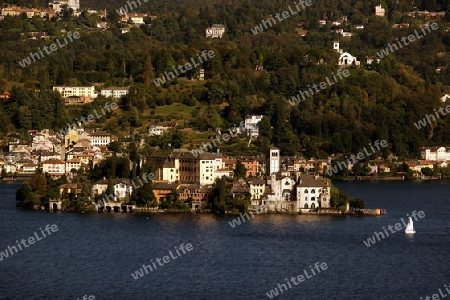 The Isla San Giulio in the Ortasee outside of the Fishingvillage of Orta on the Lake Orta in the Lombardia  in north Italy. 