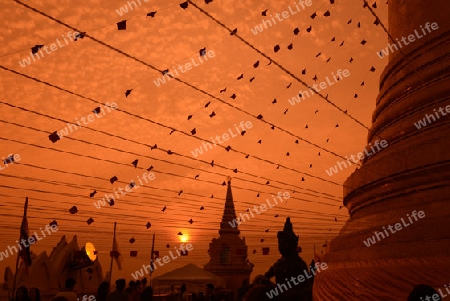 Die Tempelanlage des Goldenen Berg in der Hauptstadt Bangkok von Thailand in Suedostasien.