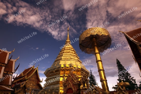 Der Chedi der Tempel Anlage des Wat Phra That Doi Suthep bei Chiang Mai in der Provinz Chiang Mai im Norden von Thailand in Suedostasien.