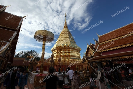 Der Chedi der Tempel Anlage des Wat Phra That Doi Suthep bei Chiang Mai in der Provinz Chiang Mai im Norden von Thailand in Suedostasien.