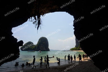 The Hat Phra Nang Beach at Railay near Ao Nang outside of the City of Krabi on the Andaman Sea in the south of Thailand. 