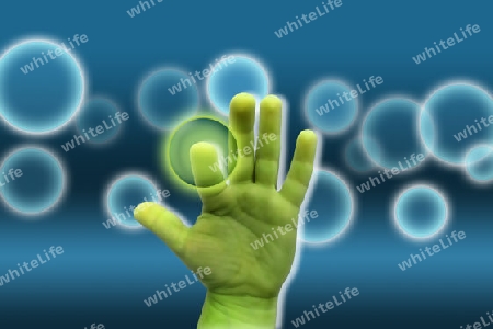  Green hand on a blue background pressing magic bubble - Gr?ne Hand auf blauem Hintergrund dr?ckt magische Blase