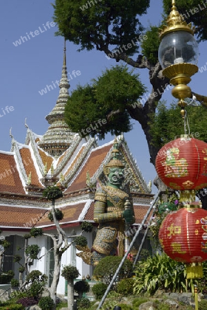 Die Tempelanlage des Wat Arun am Mae Nam Chao Phraya River in der Hauptstadt Bangkok von Thailand in Suedostasien.