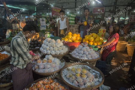 a fruit market in a Market near the City of Yangon in Myanmar in Southeastasia.