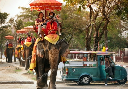 Ein Elephanten Taxi vor einem der vielen Tempel in der Tempelstadt Ayutthaya noerdlich von Bangkok in Thailand.