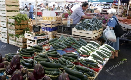 the fegetable and food Market in the old Town of Catania in Sicily in south Italy in Europe.