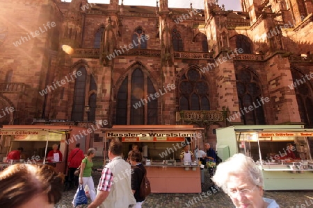 the market in the old town of Freiburg im Breisgau in the Blackforest in the south of Germany in Europe.
