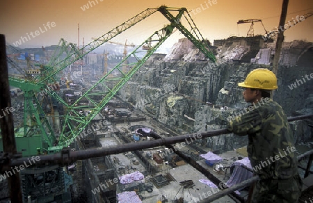 the constructions work at the three gorges dam project on the yangzi river in the province of hubei in china.